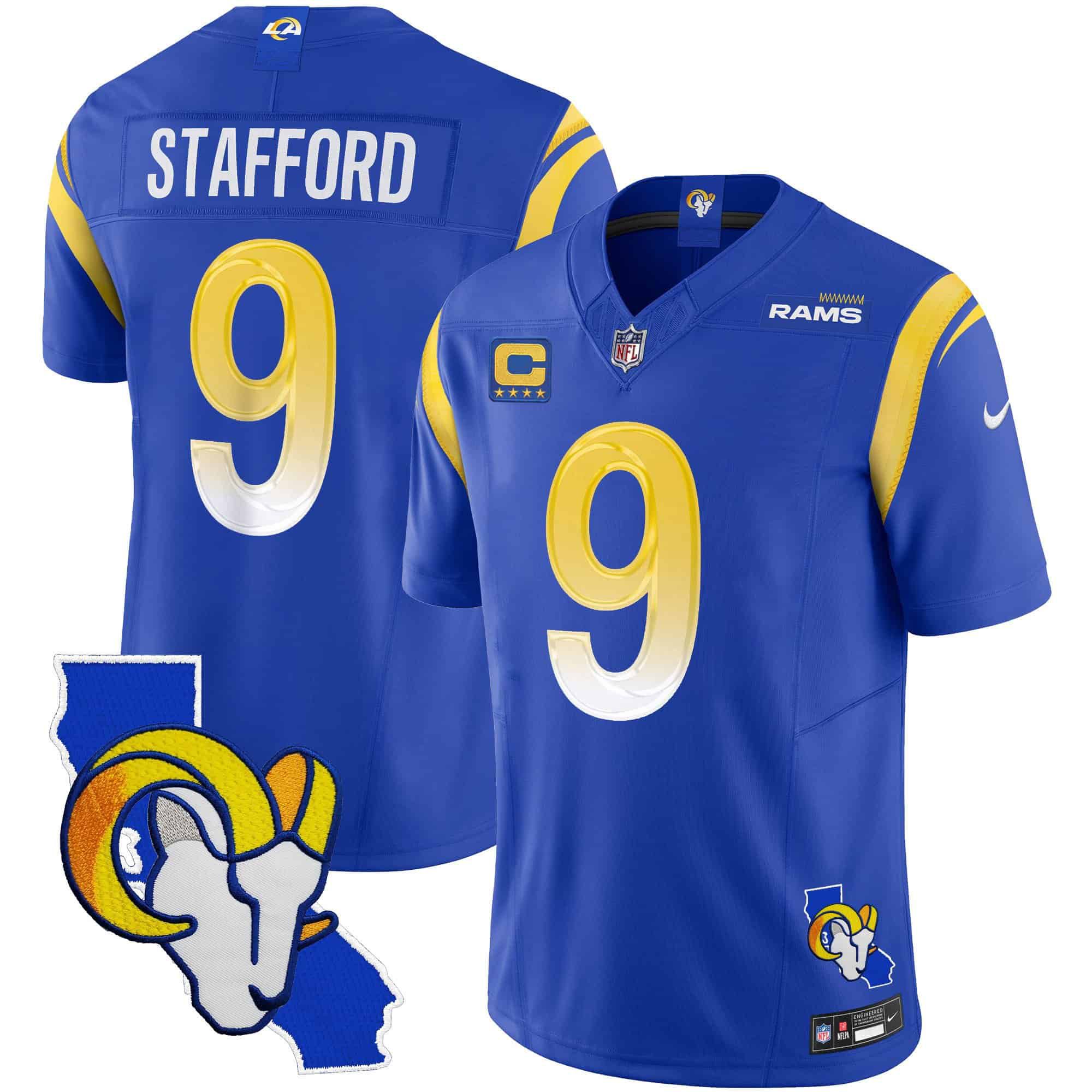 Men Los Angeles Rams #9 Stafford Blue 2024 Nike California Patch Vapor Limited NFL Jersey style 1